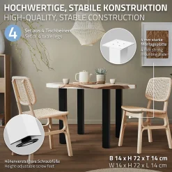Lot de 4 pieds de table ML-Design H72 cm blanc brillant en acier profil carré 8x8 cm I-design