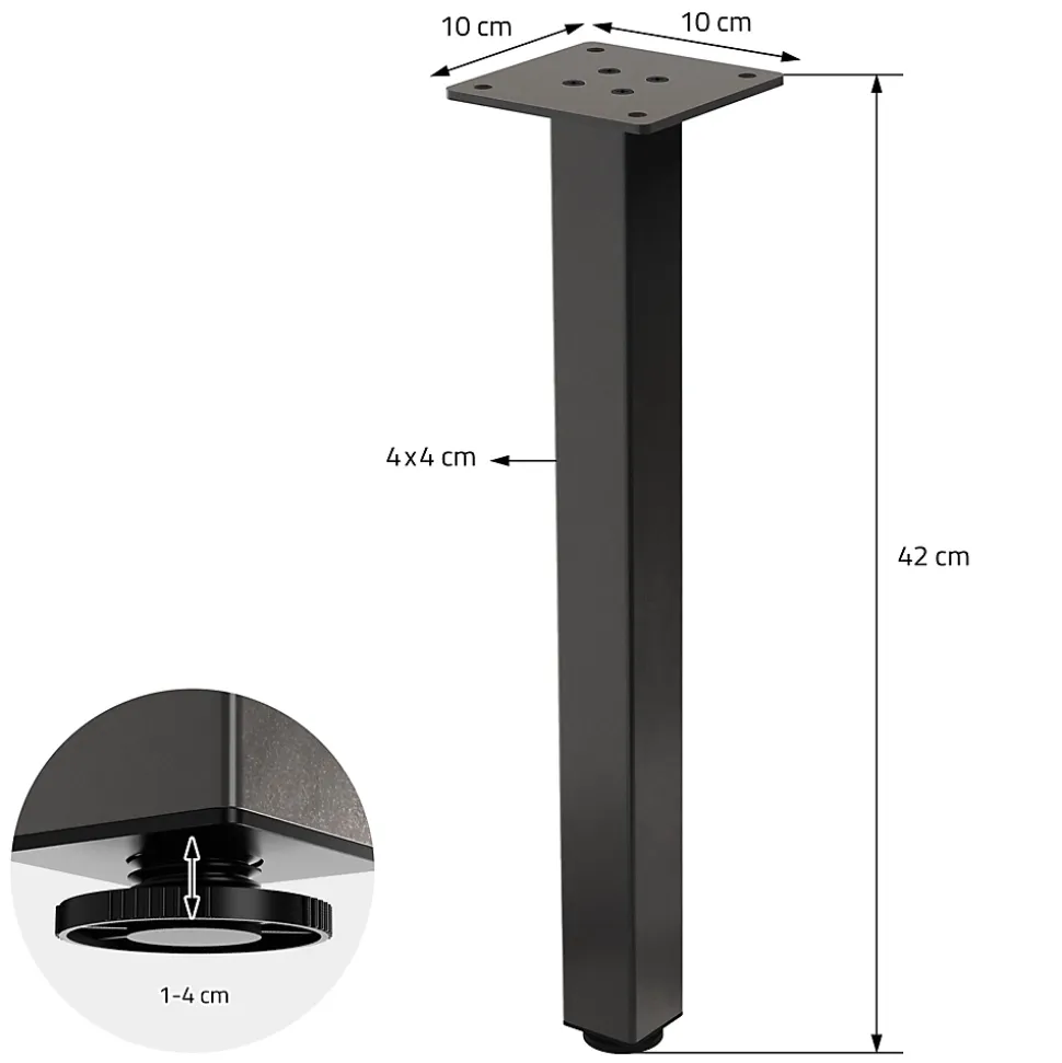 Lot de 4 pieds de table ML-Design H42 cm en acier industriel profil 4x4 cm I-design à vis réglables