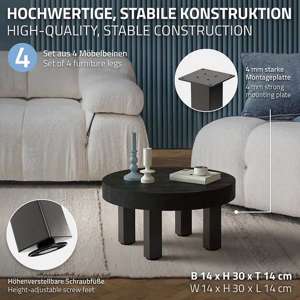 Lot de 4 pieds de table ML-Design H30 cm gris foncé en acier industriel profil carré 8x8 cm I-design