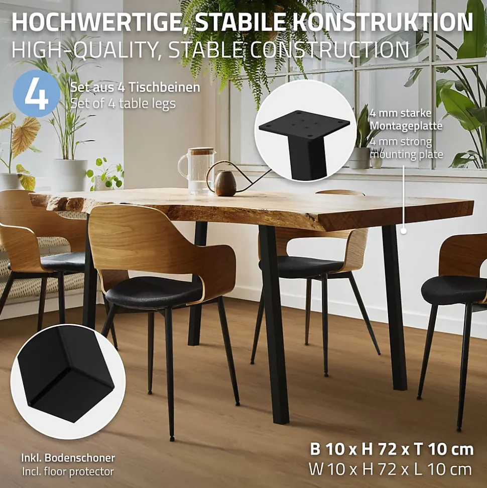 Lot de 4 pieds de table ML-Design H72 cm noir brillant inclinés en acier profil 4x4 cm design I