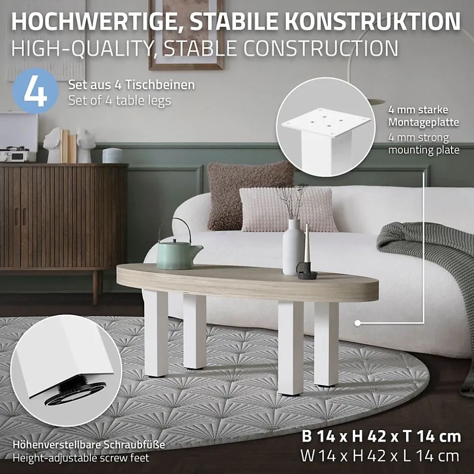 Lot de 4 pieds de table ML-Design H42 cm blanc brillant en acier profil carré 8x8 cm I-design