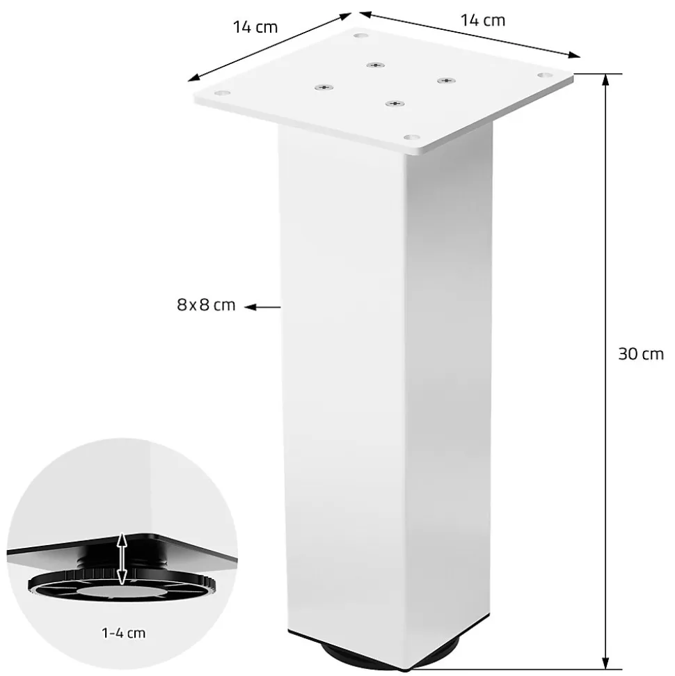 Lot de 4 pieds de table ML-Design H30 cm blanc brillant en acier profil carré 8x8 cm I-design