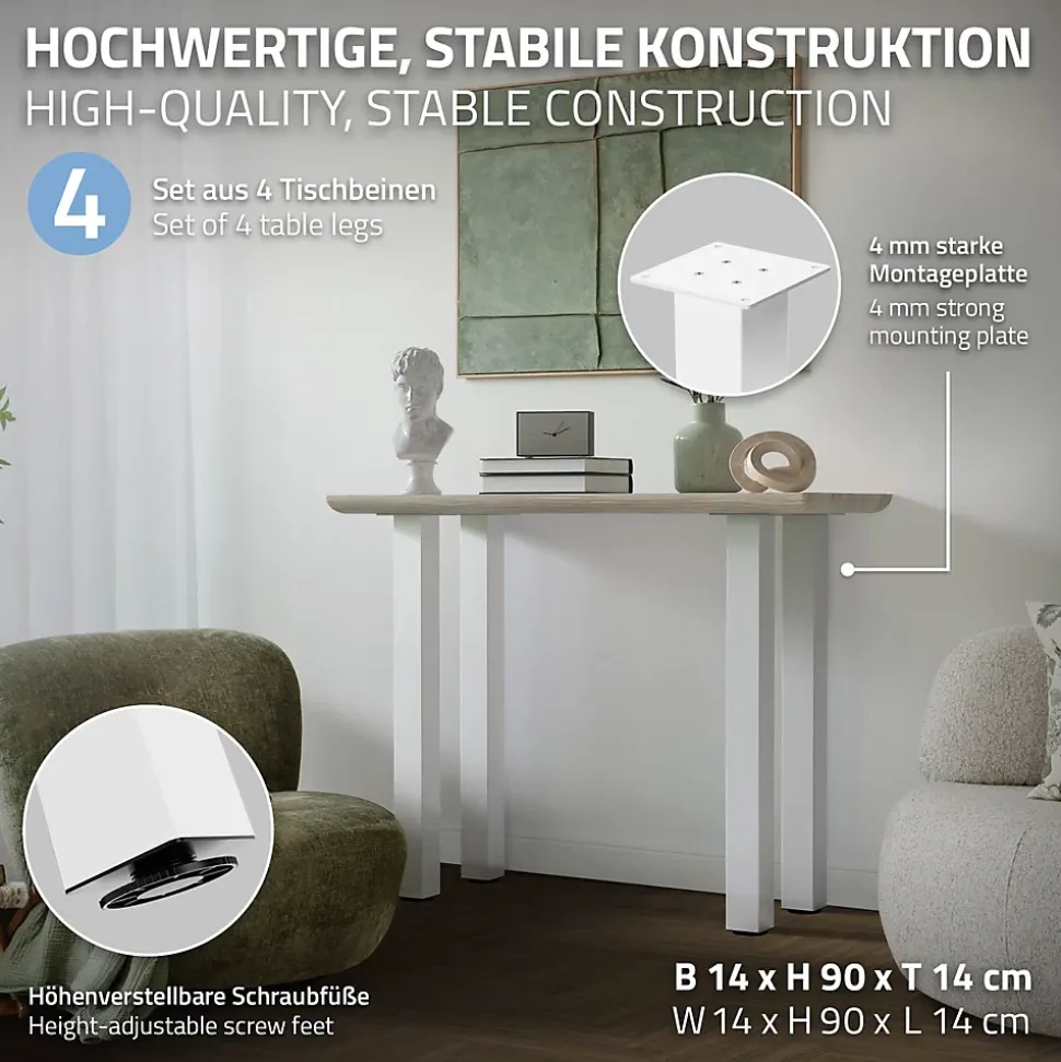 Lot de 4 pieds de table ML-Design H90 cm blanc brillant en acier profil carré 8x8 cm I-design