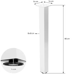 Lot de 4 pieds de table ML-Design H90 cm blanc brillant en acier profil carré 8x8 cm I-design