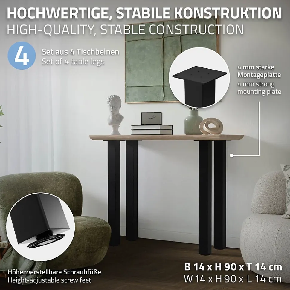 Lot de 4 pieds de table ML-Design H90 cm noir brillant en acier profil carré 8x8 cm I-design