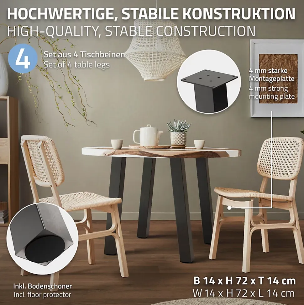 Lot de 4 pieds de table ML-Design H72 cm gris foncé inclinés en acier profil 8x8 cm design I