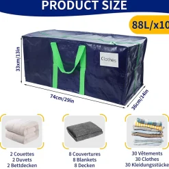 Lot de 10 sacs de demenagement grand format avec sangles et poignee bleu VOUNOT
