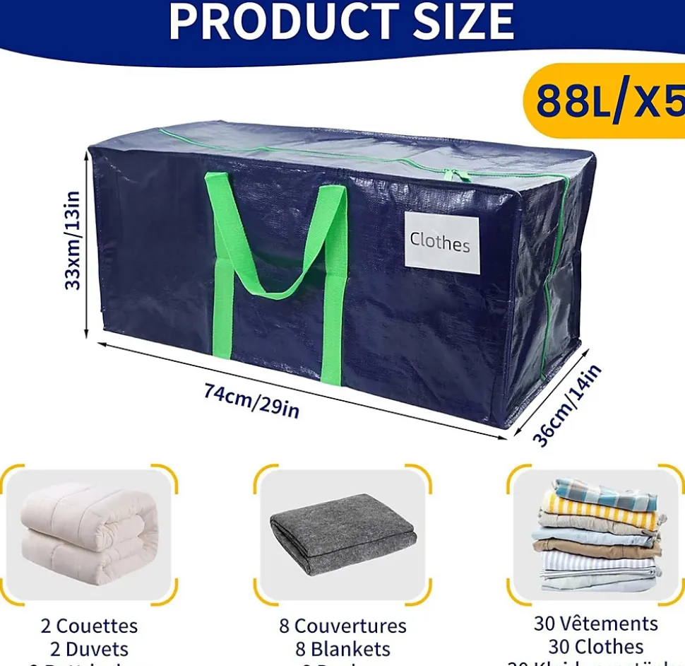 Lot de 5 sacs de demenagement grand format avec sangles et poignee bleu VOUNOT