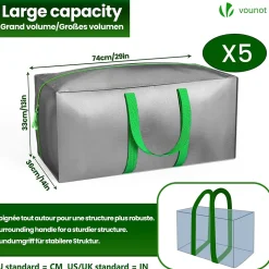 Lot de 5 sacs de demenagement grand format avec sangles et poignee gris VOUNOT