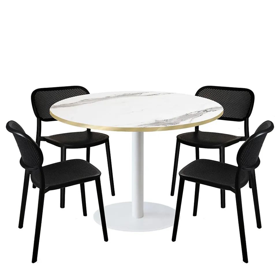 Lot de 1 table ronde120cm et 4 chaises - pied blanc plateau marbre blanc chants laiton - Restootab