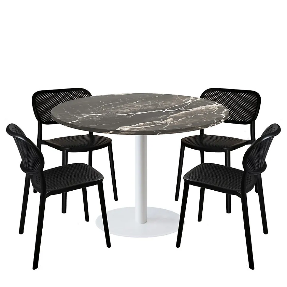 Lot de 1 table ronde120cm et 4 chaises - pied blanc plateau marbre royal - Restootab