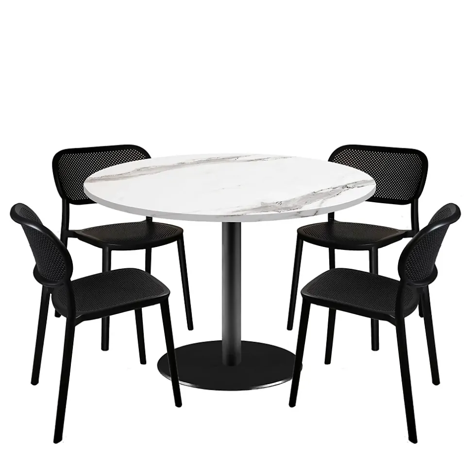 Lot de 1 table ronde120cm et 4 chaises - pied noir plateau marbre blanc - Restootab