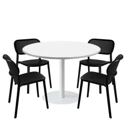 Lot de 1 table ronde120cm et 4 chaises - pied blanc plateau blanc chants inox - Restootab