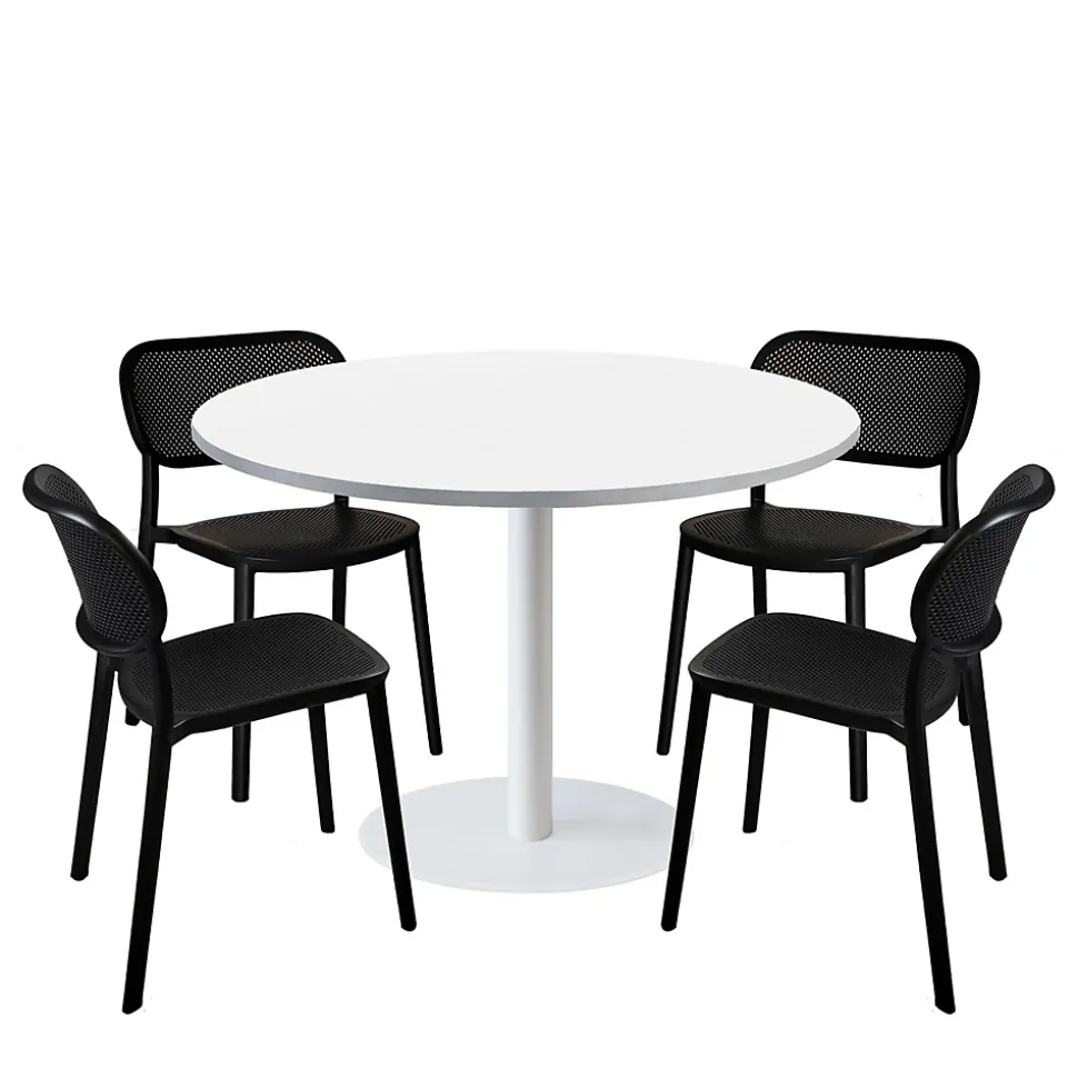 Lot de 1 table ronde120cm et 4 chaises - pied blanc plateau blanc chants inox - Restootab