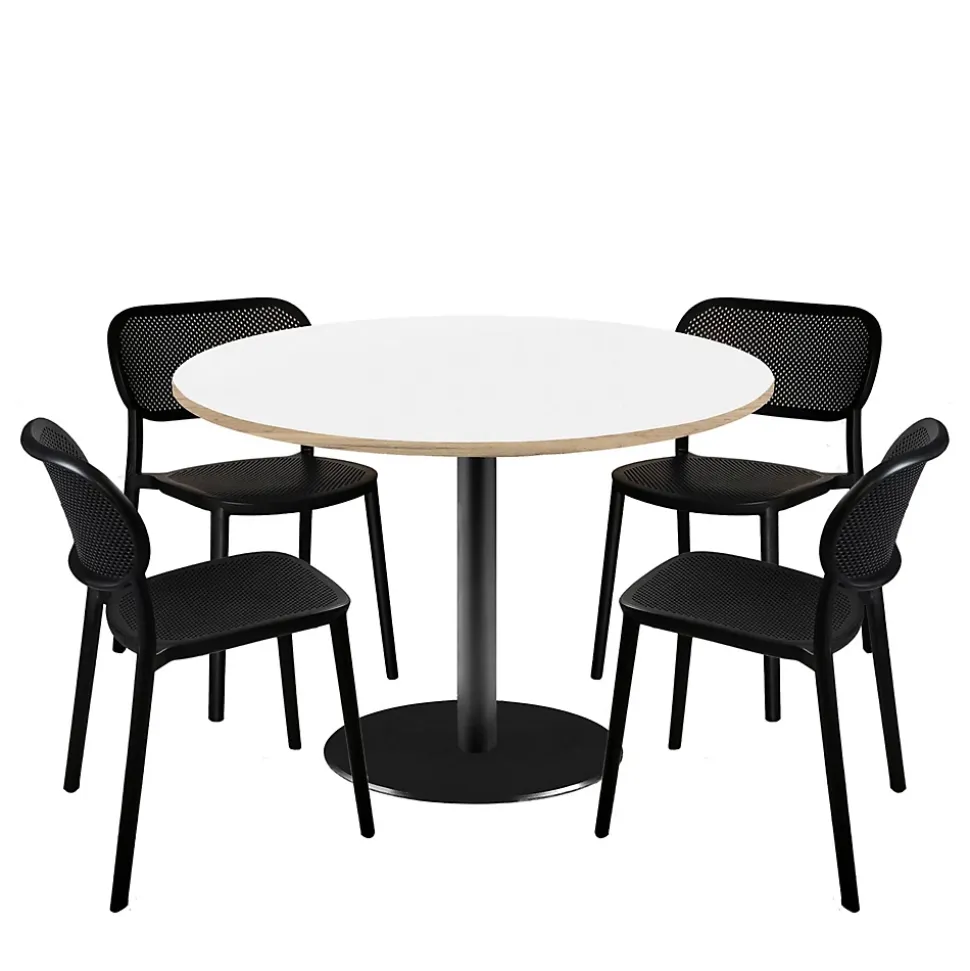 Lot de 1 table ronde120cm et 4 chaises - pied noir plateau blanc avec chants bois - Restootab
