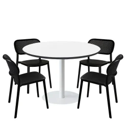 Lot de 1 table ronde120cm et 4 chaises - pied blanc plateau blanc chants noir - Restootab