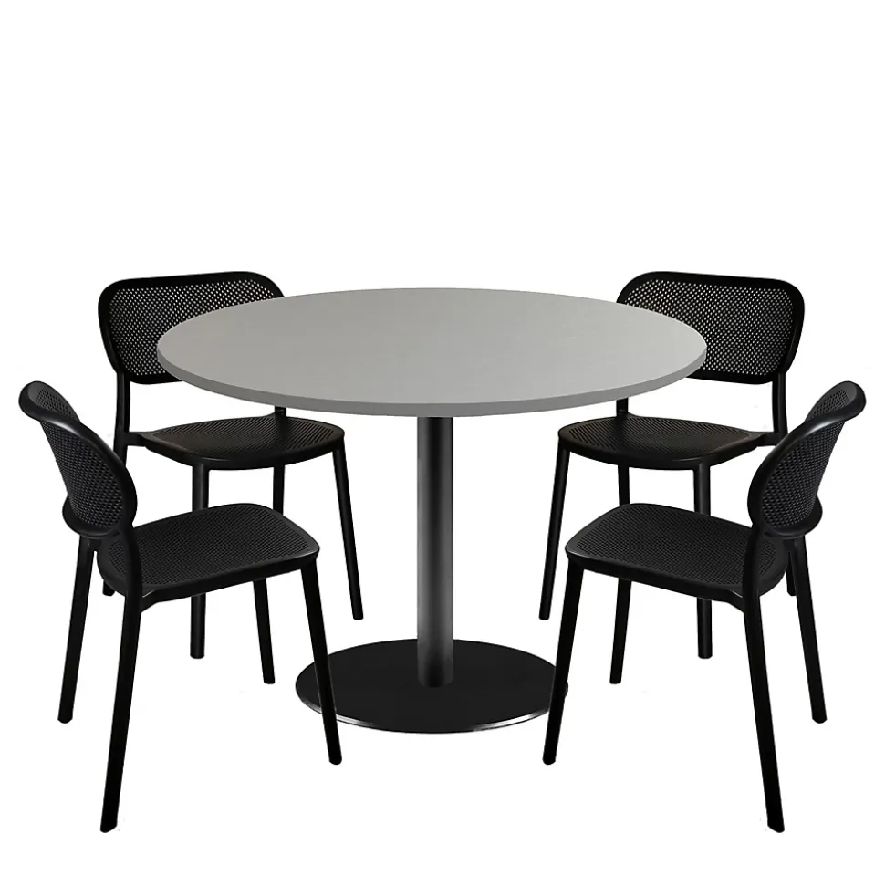 Lot de 1 table ronde120cm et 4 chaises - pied noir plateau gris metallisé - Restootab
