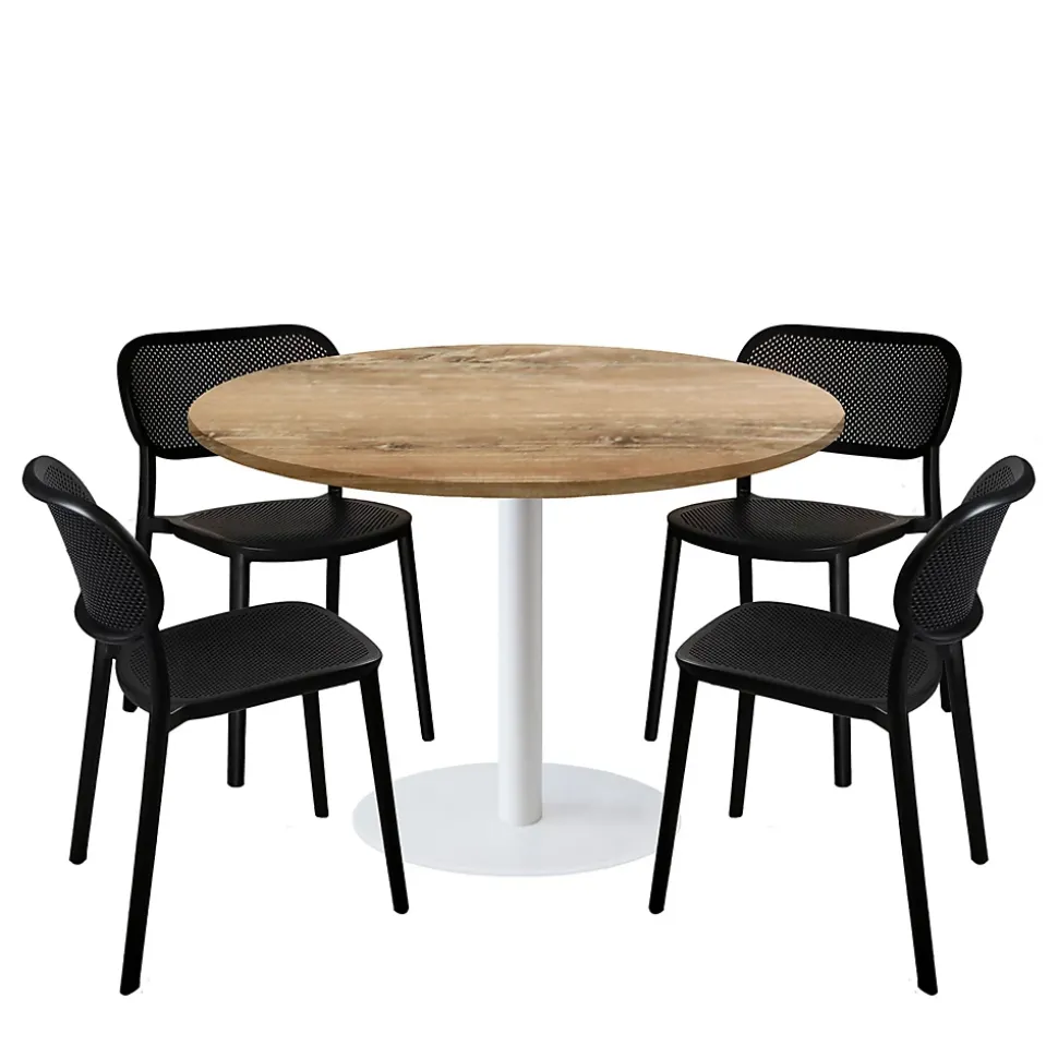 Lot de 1 table ronde120cm et 4 chaises - pied blanc plateau chêne slovène - Restootab