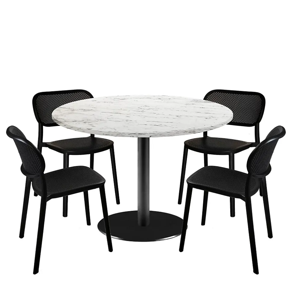 Lot de 1 table ronde120cm et 4 chaises - pied noir plateau marbre calacata - Restootab