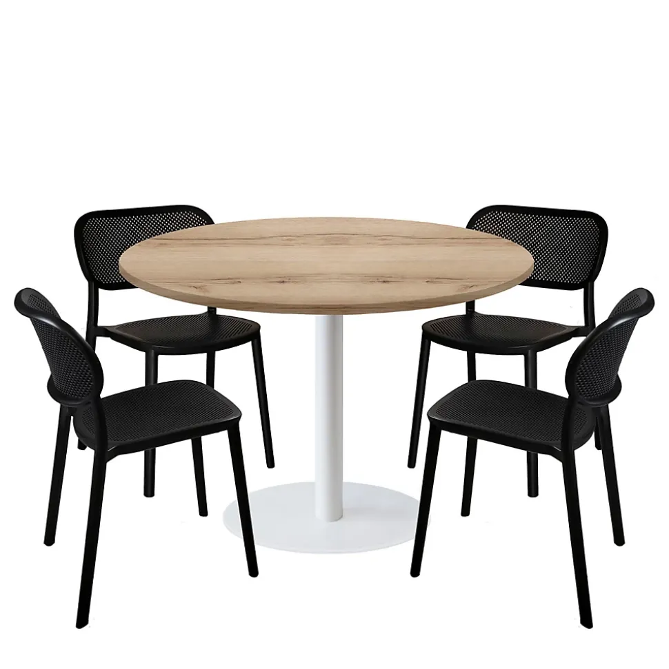 Lot de 1 table ronde120cm et 4 chaises - pied blanc plateau chêne delano - Restootab