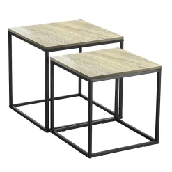 Lot de 2 tables d'appoint carrées, bout de canapé moderne en bois avec pieds métal - Longueur 34 x profondeur 34 x Hauteur 37 cm