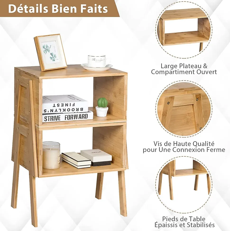 Lot de 2 Tables de Chevet en Bambou avec 1 Etagere Ouverte Table de Nuit Empilable Construction Robuste