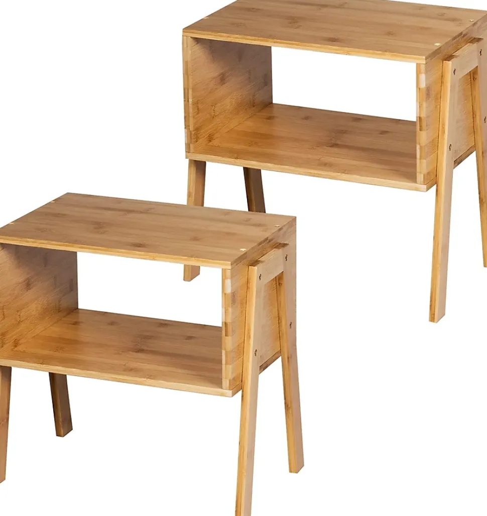 Lot de 2 Tables de Chevet en Bambou avec 1 Etagere Ouverte Table de Nuit Empilable Construction Robuste