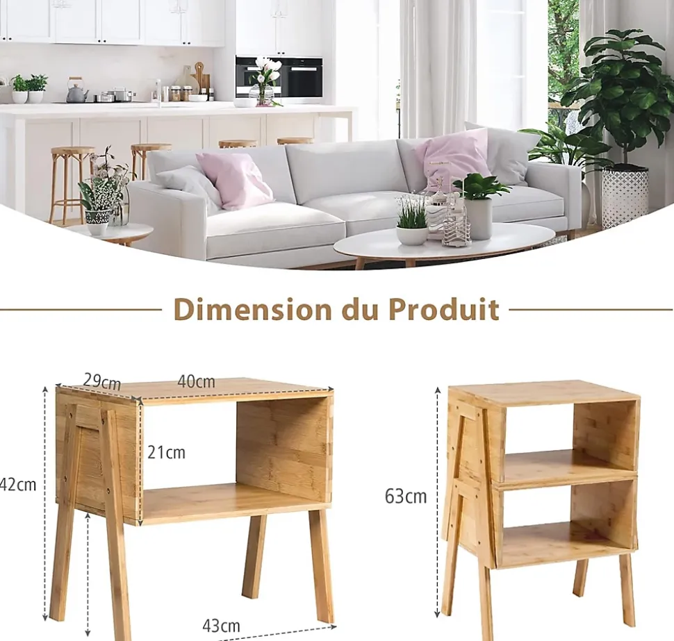 Lot de 2 Tables de Chevet en Bambou avec 1 Etagere Ouverte Table de Nuit Empilable Construction Robuste