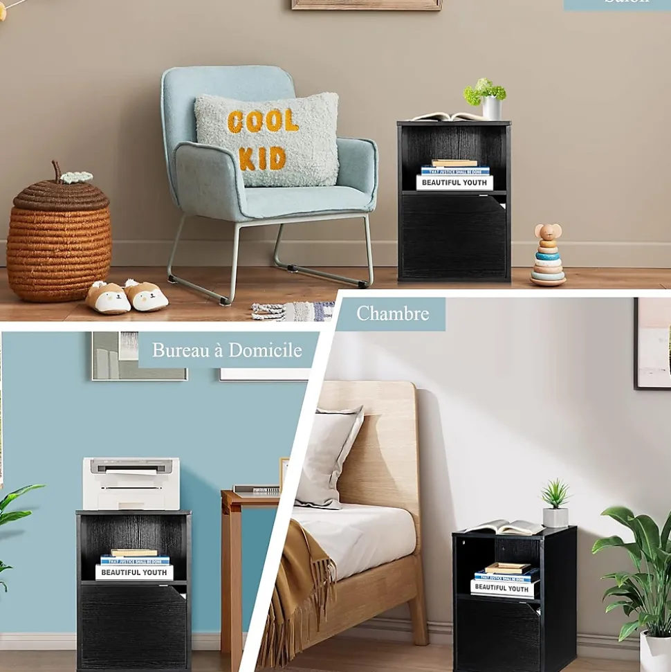 Lot de 2 Tables de Chevet avec 1 Tiroir et 1 Compartiment, Style Industriel Polyvalente, pour Maison, 40X43X60 CM (Noir, 1 Porte)