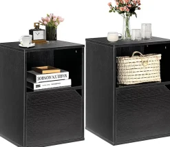 Lot de 2 Tables de Chevet avec 1 Tiroir et 1 Compartiment, Style Industriel Polyvalente, pour Maison, 40X43X60 CM (Noir, 1 Porte)