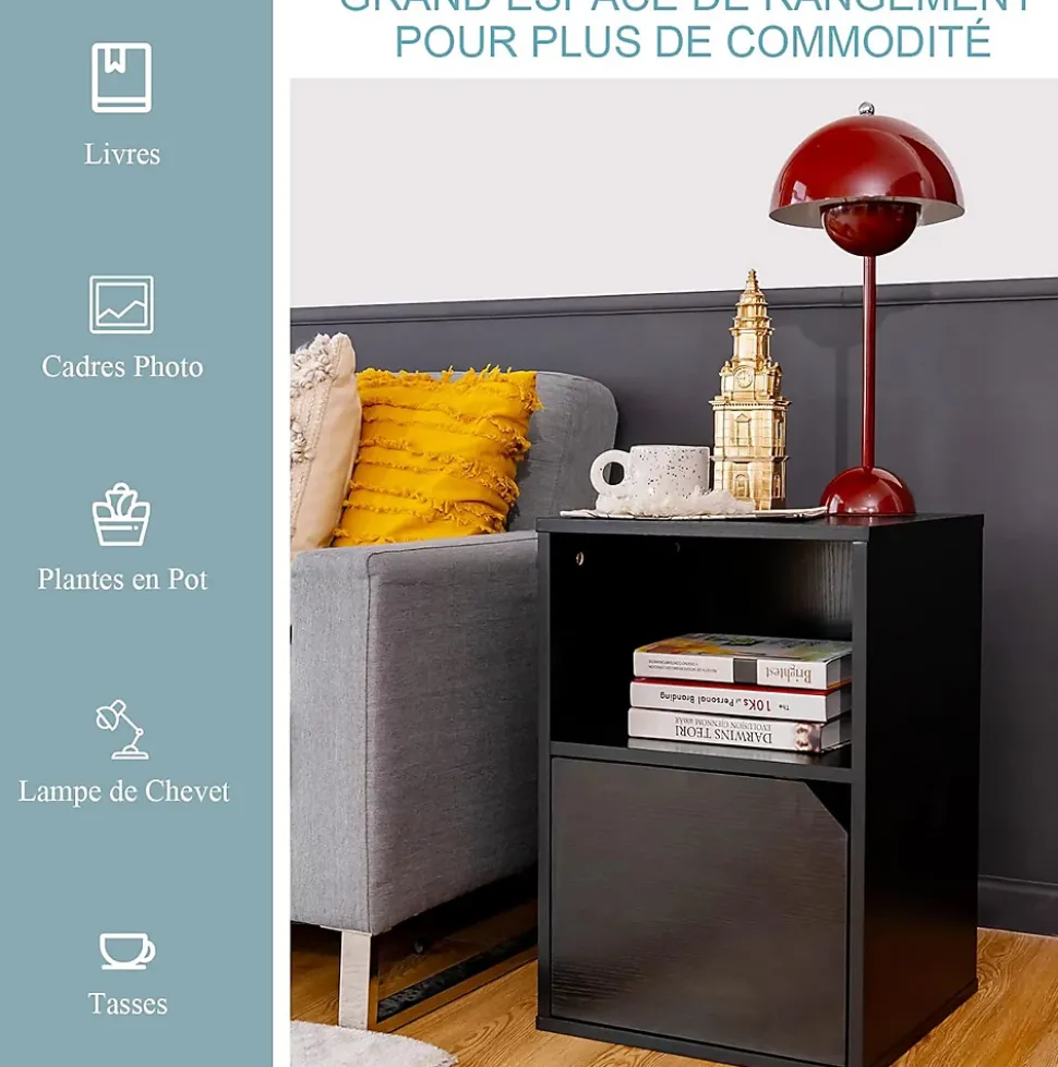 Lot de 2 Tables de Chevet avec 1 Tiroir et 1 Compartiment, Style Industriel Polyvalente, pour Maison, 40X43X60 CM (Noir, 1 Porte)