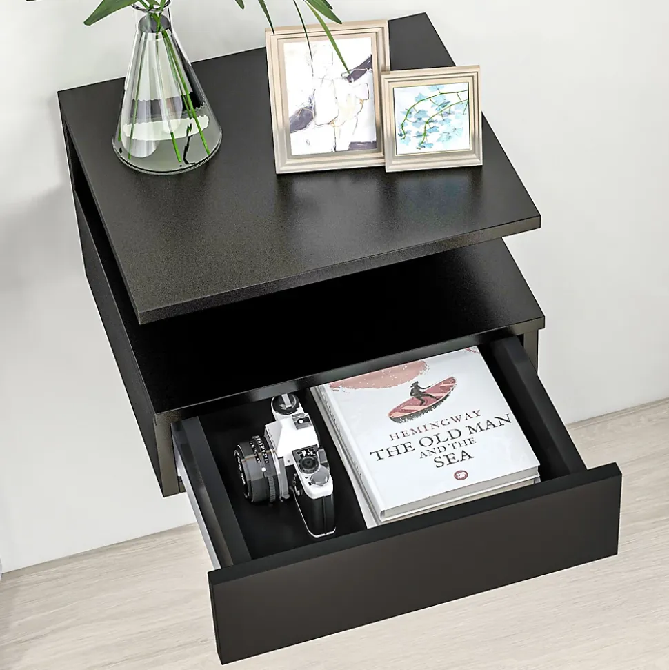 Lot de 2 tables de chevet murales - lot de 2 tables de nuit - tiroir coulissant, niche et plateau - panneau particules noir
