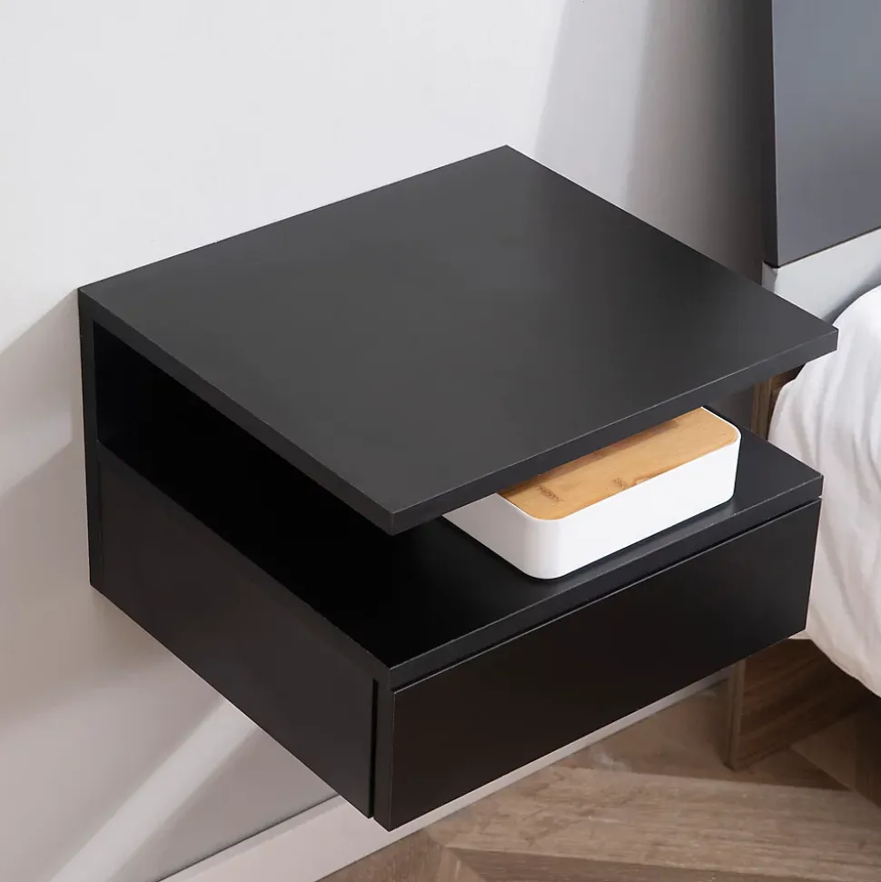 Lot de 2 tables de chevet murales - lot de 2 tables de nuit - tiroir coulissant, niche et plateau - panneau particules noir