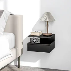 Lot de 2 tables de chevet murales - lot de 2 tables de nuit - tiroir coulissant, niche et plateau - panneau particules noir