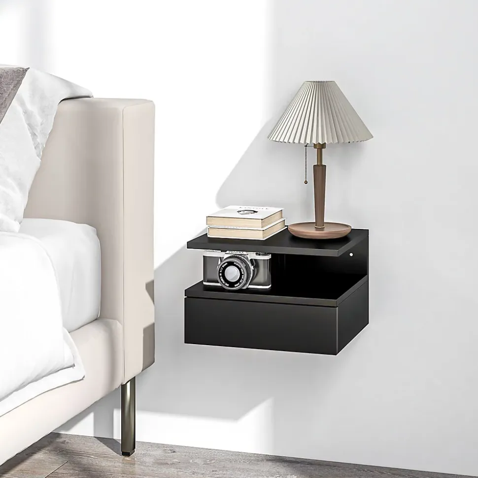 Lot de 2 tables de chevet murales - lot de 2 tables de nuit - tiroir coulissant, niche et plateau - panneau particules noir