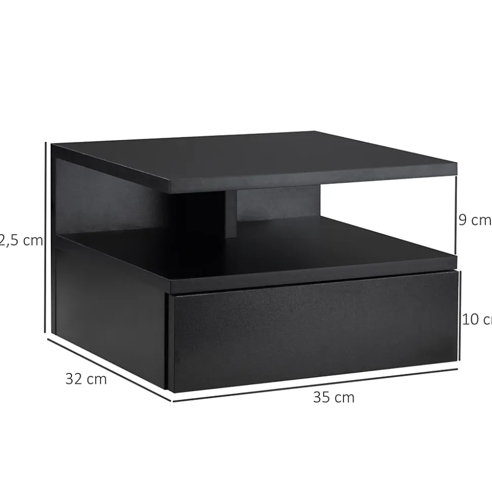 Lot de 2 tables de chevet murales - lot de 2 tables de nuit - tiroir coulissant, niche et plateau - panneau particules noir