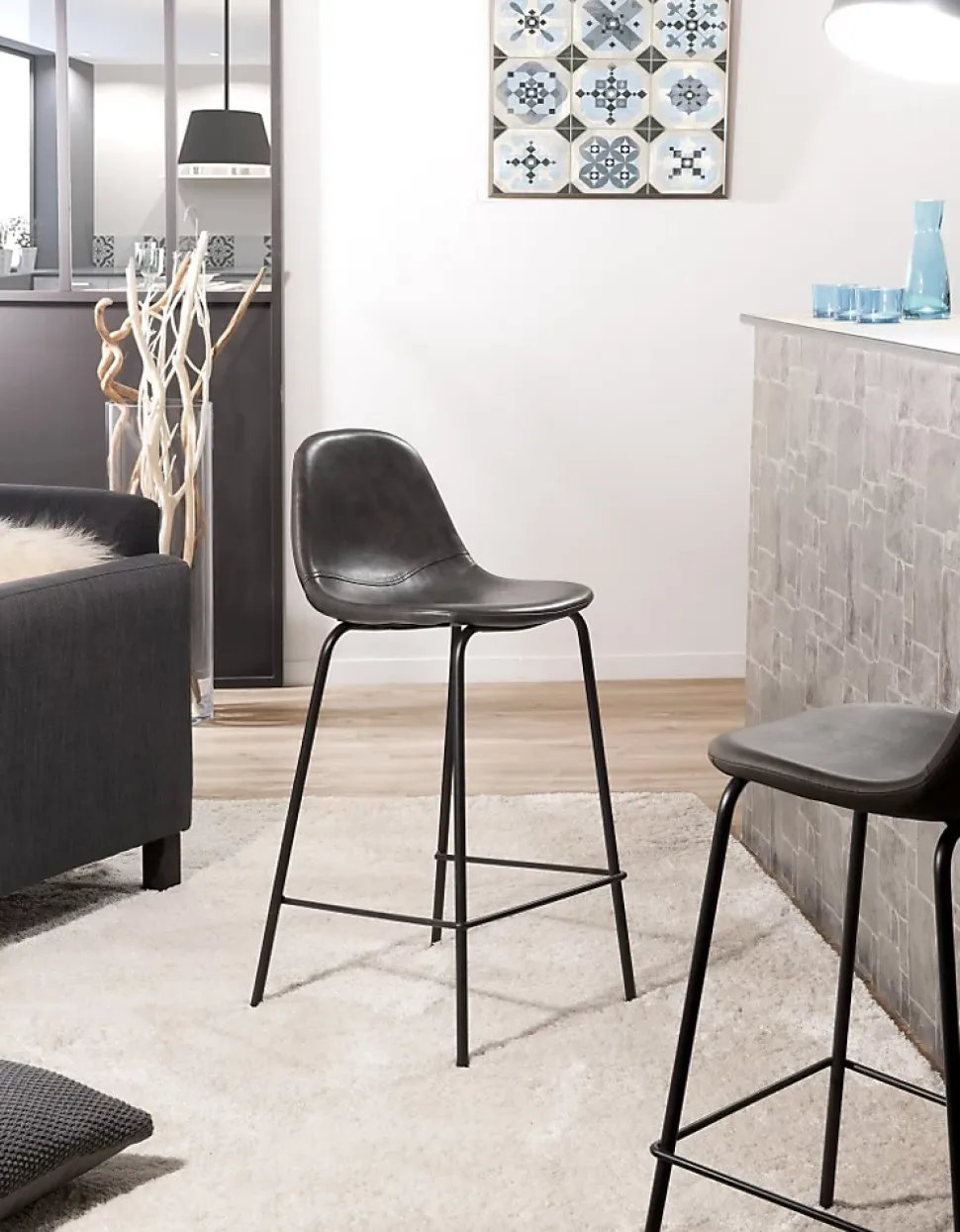 Lot de 2 tabourets de bar hauteur d'assise 65 cm gris