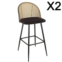 Lot de 2 tabourets de bar assise tissu noir dossier effet cannage