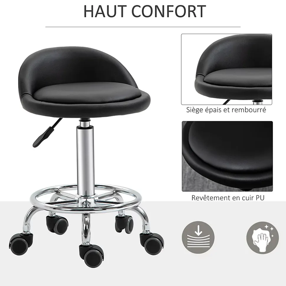 Lot de 2 tabourets de travail massage réglables - dossier ergonomique - acier chromé PU noir