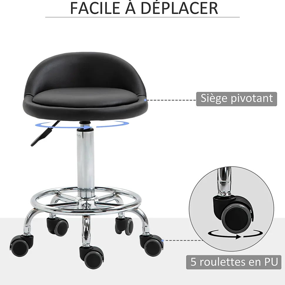 Lot de 2 tabourets de travail massage réglables - dossier ergonomique - acier chromé PU noir