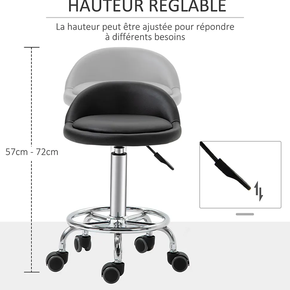 Lot de 2 tabourets de travail massage réglables - dossier ergonomique - acier chromé PU noir