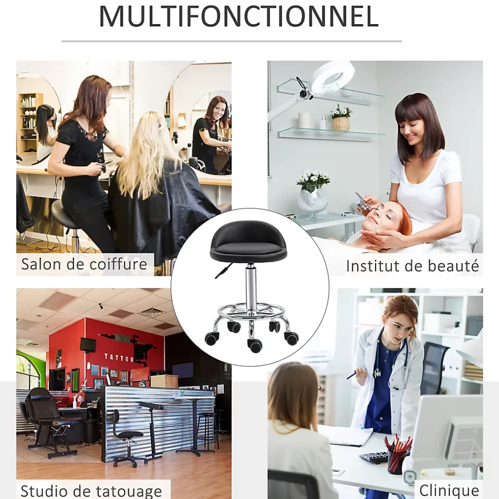 Lot de 2 tabourets de travail massage réglables - dossier ergonomique - acier chromé PU noir
