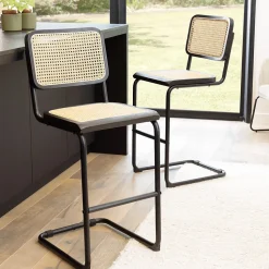 Lot de 2 tabourets d'ilot bois noir/rotin naturel pieds métal