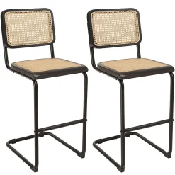 Lot de 2 tabourets d'ilot bois noir/rotin naturel pieds métal