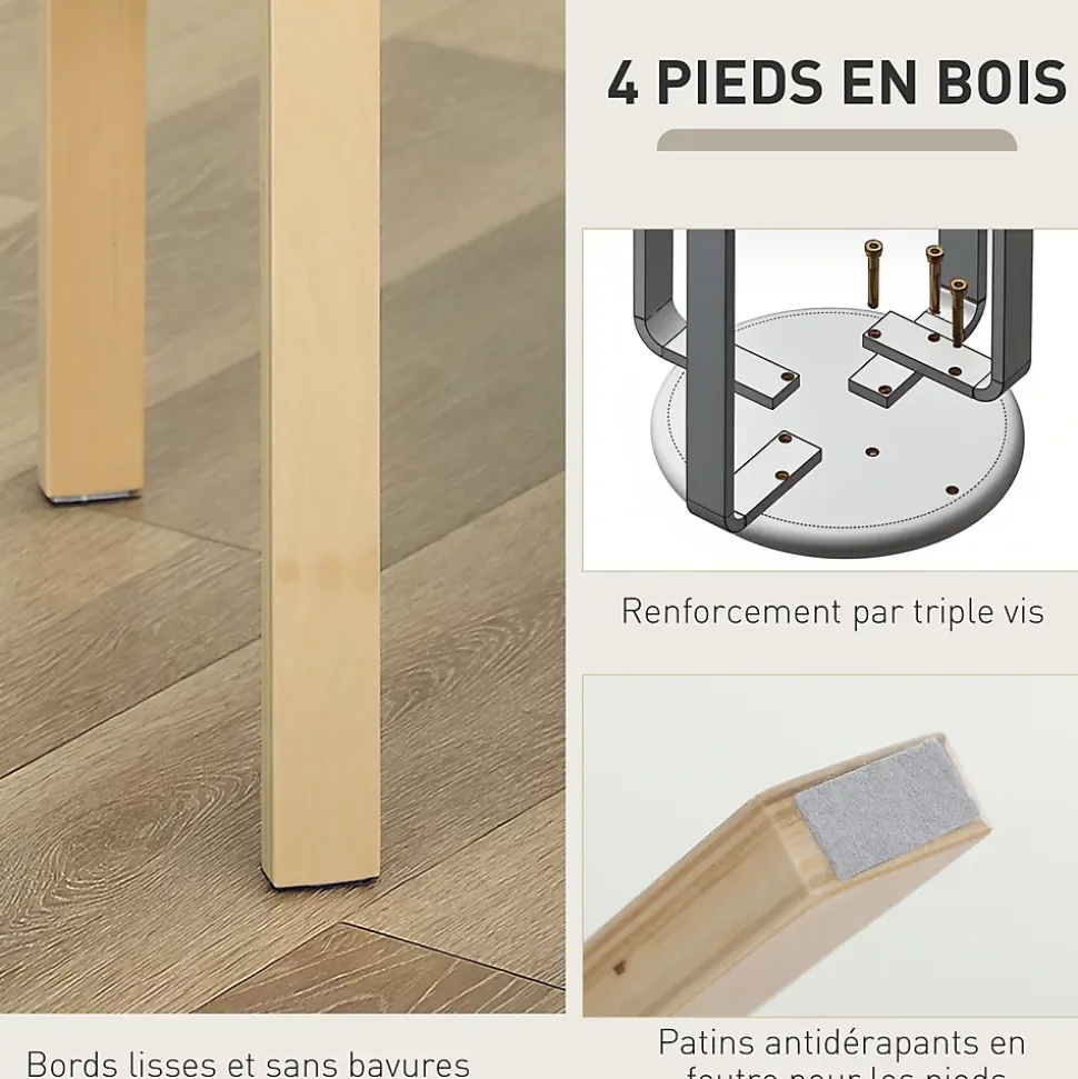 Lot de 4 tabourets empilables assise rembourrée dia.40 x H.45 cm bois clair gris