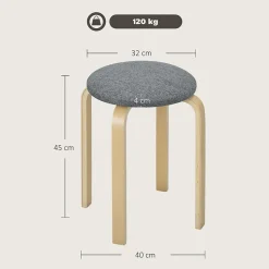 Lot de 4 tabourets empilables assise rembourrée dia.40 x H.45 cm bois clair gris
