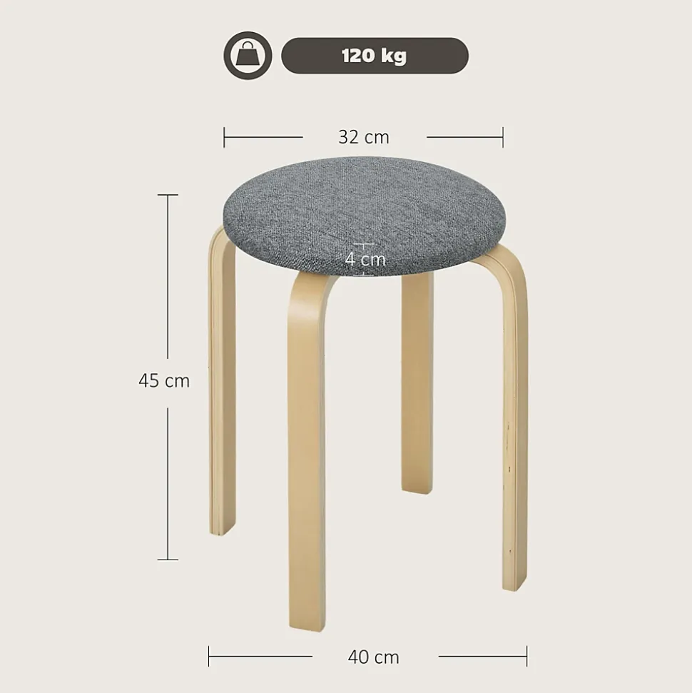 Lot de 4 tabourets empilables assise rembourrée dia.40 x H.45 cm bois clair gris