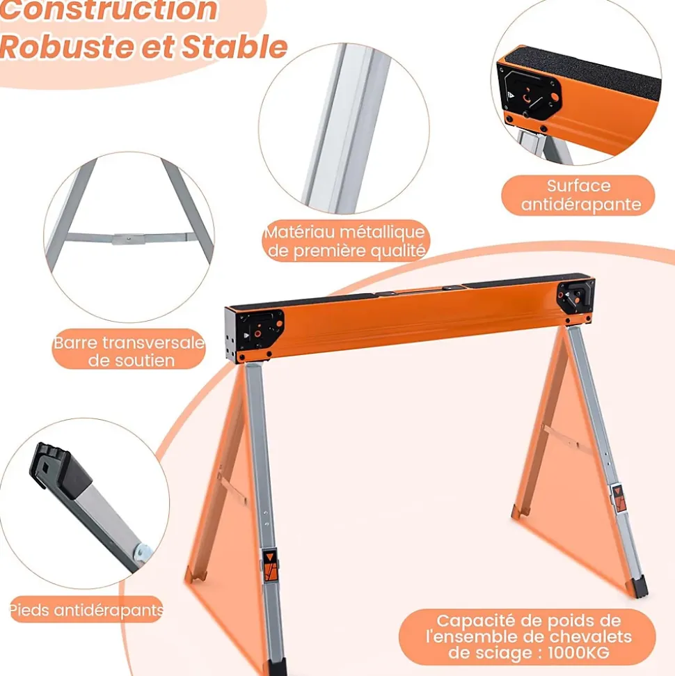 Lot de 2 Tréteaux de Scie Pliable Charge 500KG-Chevalets de Sciage Structure Triangulaire pour Découpe/Sciage/Bricolage Argent