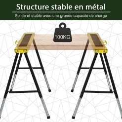 Lot de 2 tréteaux pliables telescopiques poignée transport dim. 100L x 49l x 62-89,5H cm surface antidérapante métal noir jaune