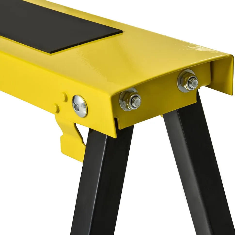 Lot de 2 tréteaux pliables telescopiques poignée transport dim. 100L x 49l x 62-89,5H cm surface antidérapante métal noir jaune